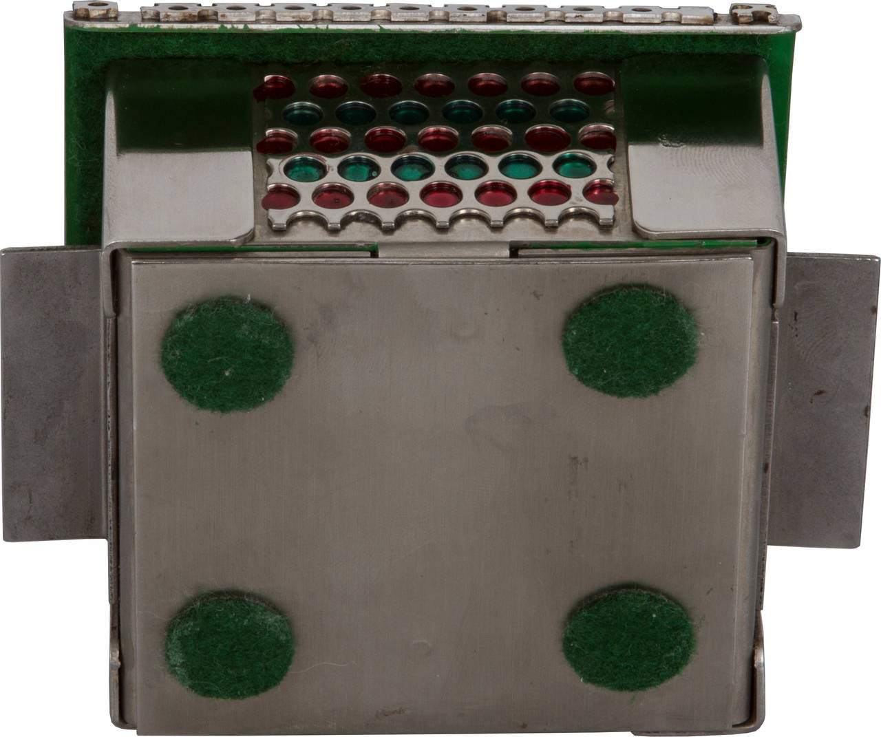 Szwarc collects metal remnants and works them into his imaginative and carefully crafted designs. This box features green and red enamel incorporated in the design.