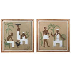 Pair of 1940's Airbrushed Sailor and Islanders Paintings
