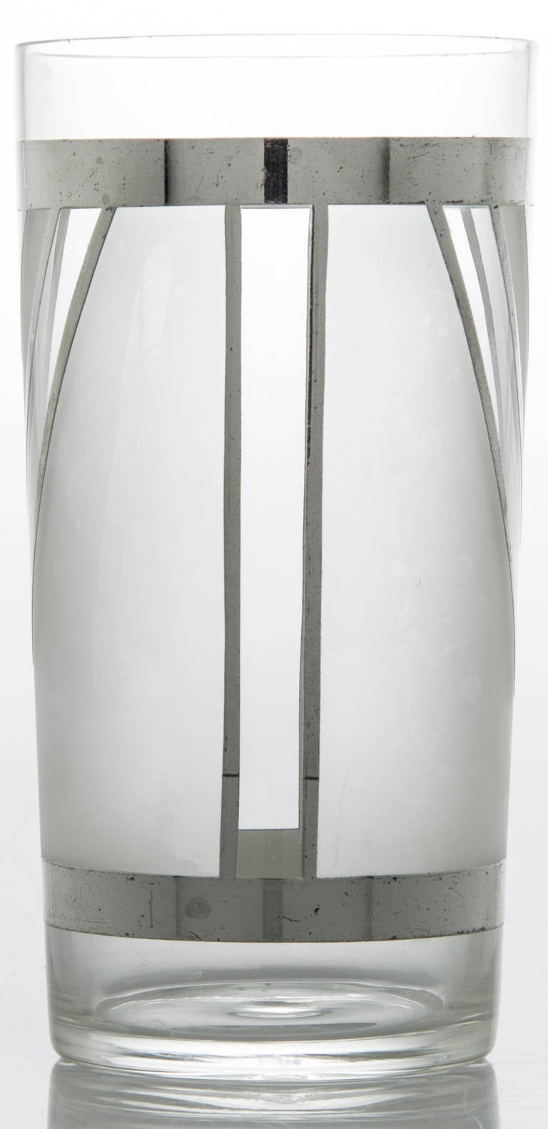 This is an amazing set of six tall drinking glasses having a sterling silver overlay  in a geometric art deco design with frosted glass panels.