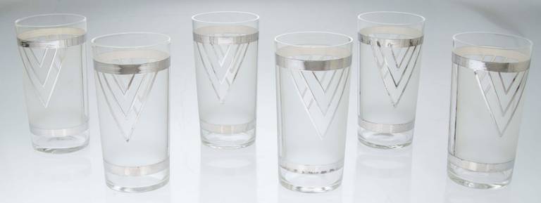 American Art Deco Sterling Silver and Frosted Highball Glasses