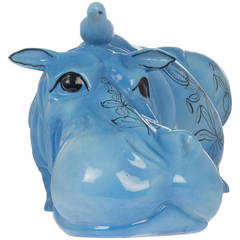 Vintage Whimsical Blue Hippo with Bird