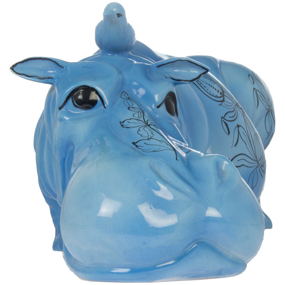 Whimsical Blue Hippo with Bird