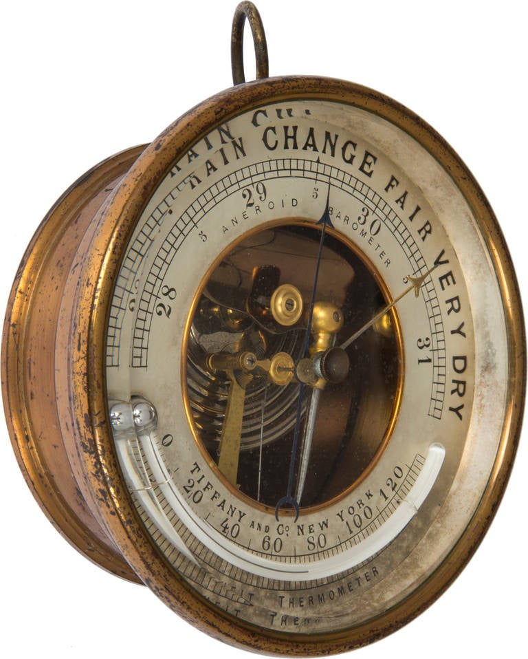 20th Century Tiffany Brass and Lead Crystal Thermometer and Barometer