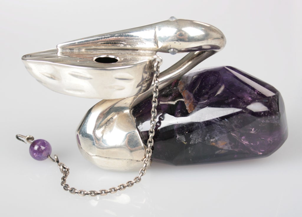 Austrian Amethyst and SIlver Swan or Pelican  Cigar Lighter For Sale