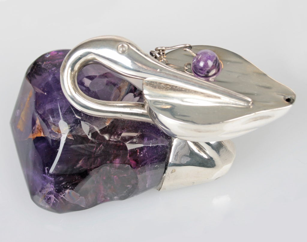Amethyst and SIlver Swan or Pelican  Cigar Lighter In Excellent Condition For Sale In Chicago, IL