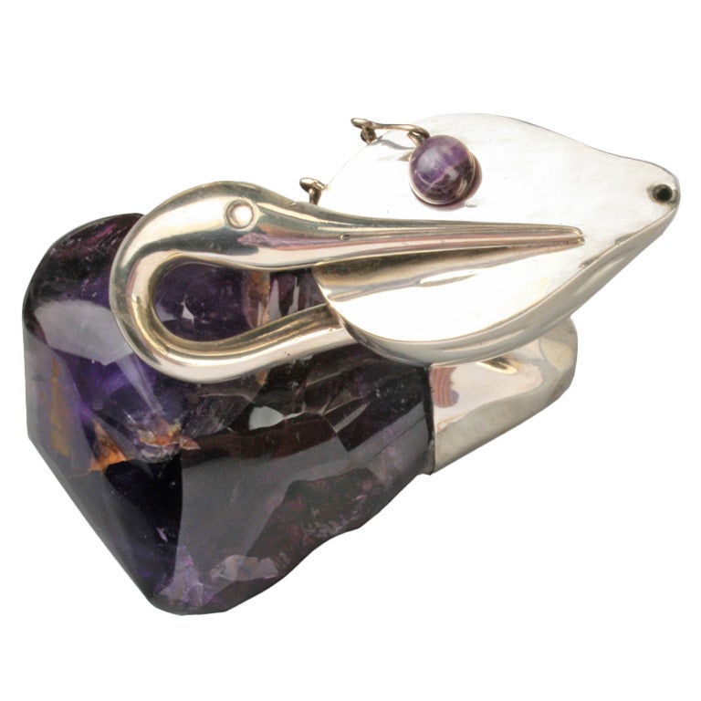 Amethyst and SIlver Swan or Pelican  Cigar Lighter For Sale