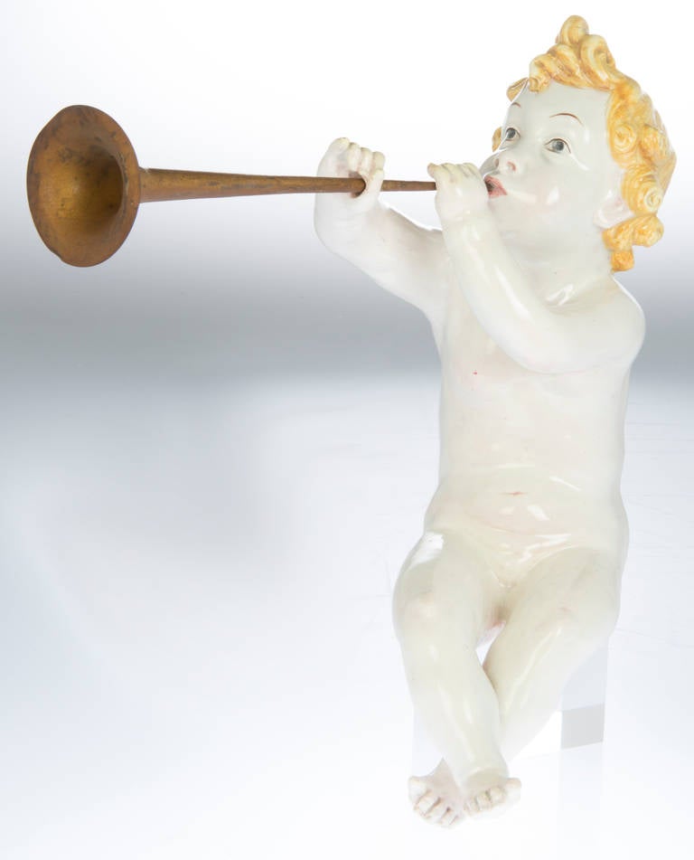 Ceramic Sculpture of Cherub Blowing His Trumpet For Sale 3