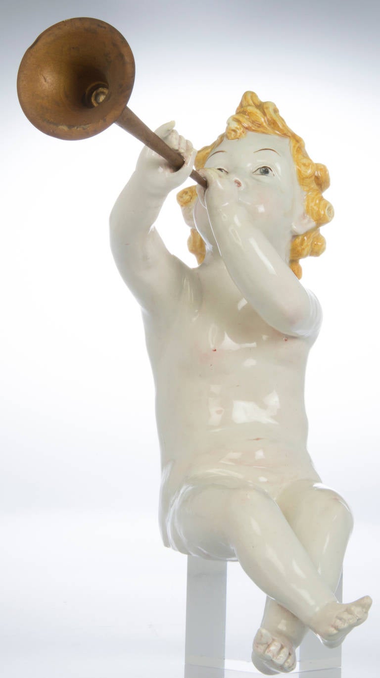 Ceramic Sculpture of Cherub Blowing His Trumpet In Excellent Condition For Sale In Chicago, IL