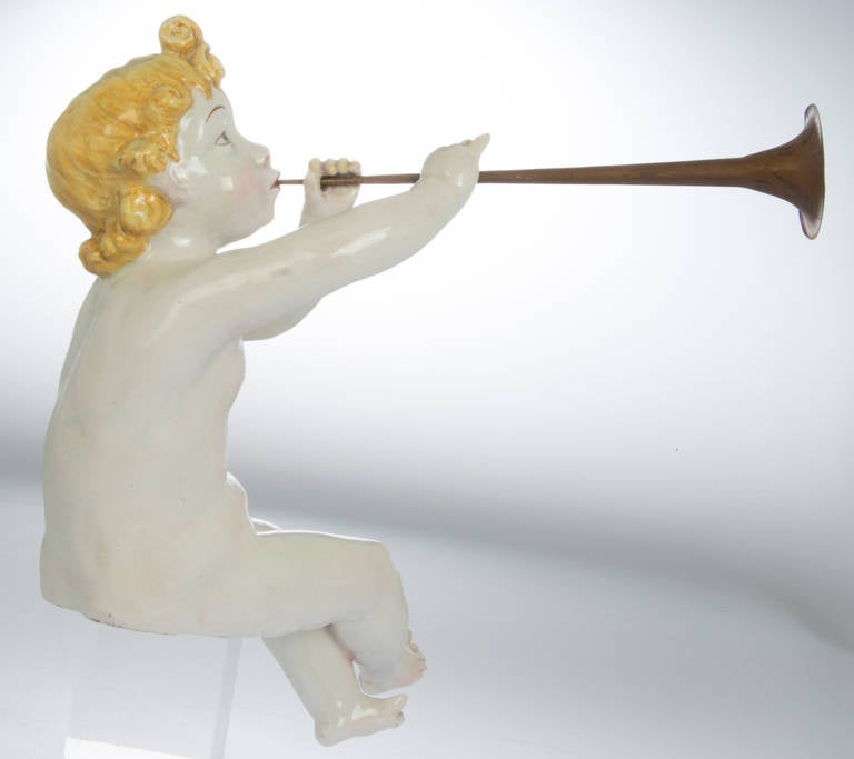 Ceramic Sculpture of Cherub Blowing His Trumpet For Sale 2