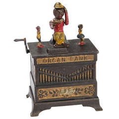 Antique Monkey Mechanical Painted Cast Iron "Organ Bank"