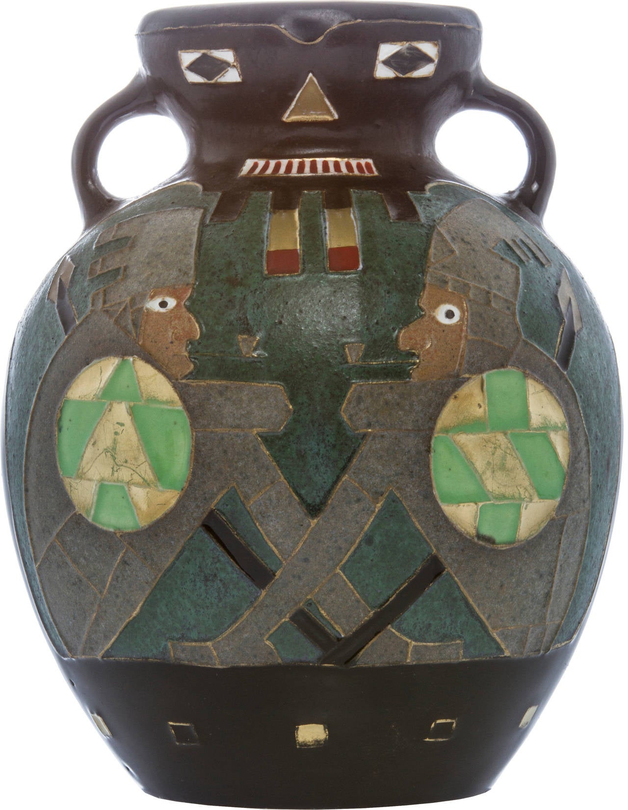 This piece is ovoid in form and decorated with,
Of handled ovoid form, decorated with figures smoking pipes.
Height 7 5/8 inches.