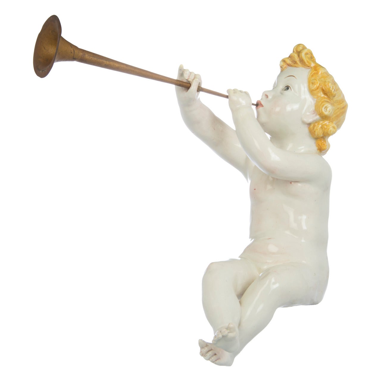 Ceramic Sculpture of Cherub Blowing His Trumpet For Sale