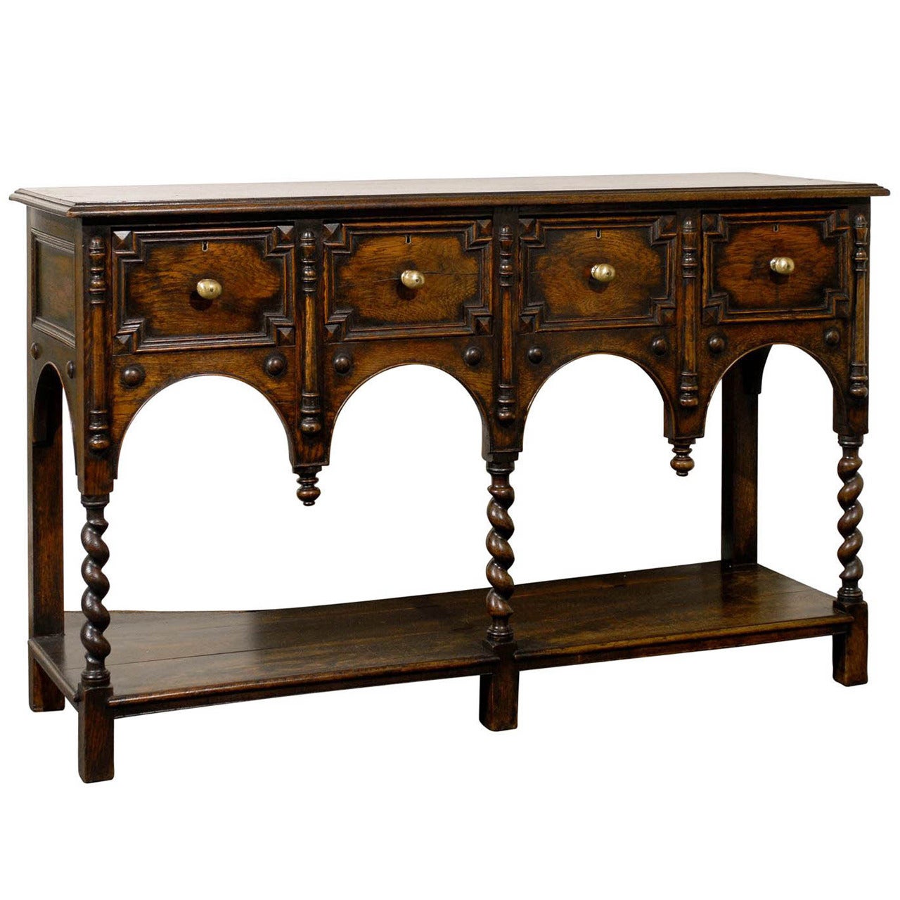 English 1880 Renaissance Revival Server with Four Drawers and Barley Twist Legs