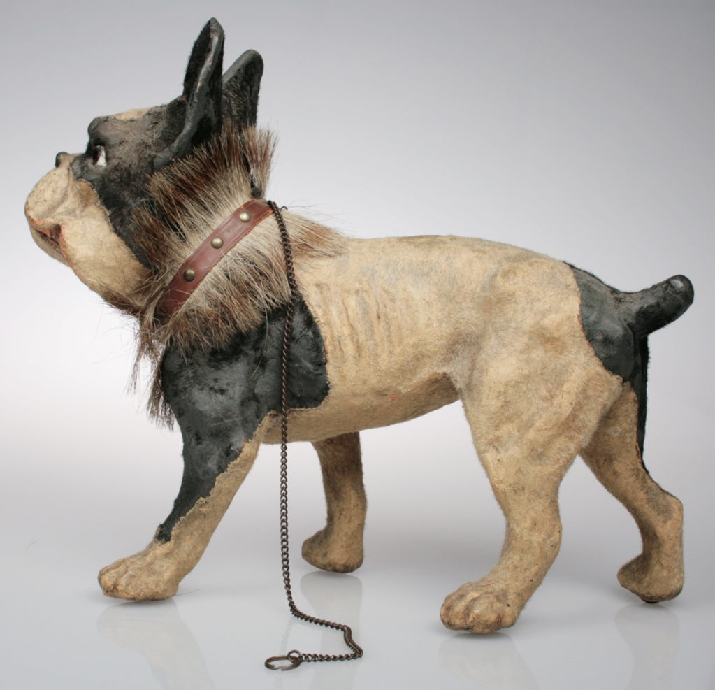 This is an amazing and realistic toy French bulldog. This pull toy has a mouth that opens and rollers on his feet.  He has glass eyes, a spring jaw, and horsehair collar and rollers on its feet.