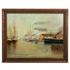 Early 19th Century Oil Painting of  Chicago Harbor  Scene