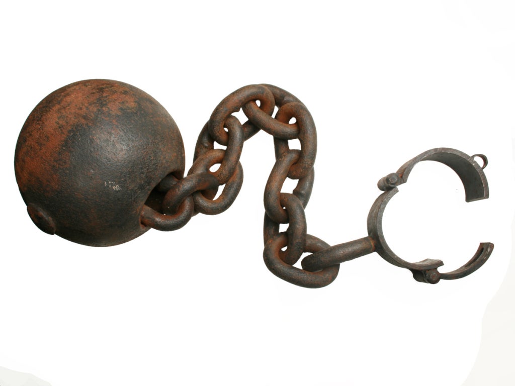 This ball and chain is from a prisoner of war camp from the upper peninsula of Michigan.  The ball measures 7