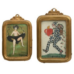 Pair of Miniature Whimsical  Watercolors  by Alfred Bareis