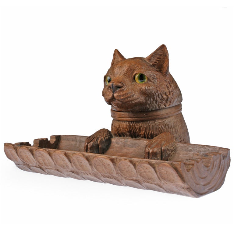 German Black Forest Carved  Wood Cat  Inkwell and Pen Holder