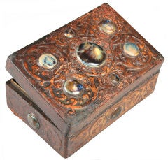 Antique Arts & Crafts Tooled Leather Box with Ruskin Pottery Cabochons