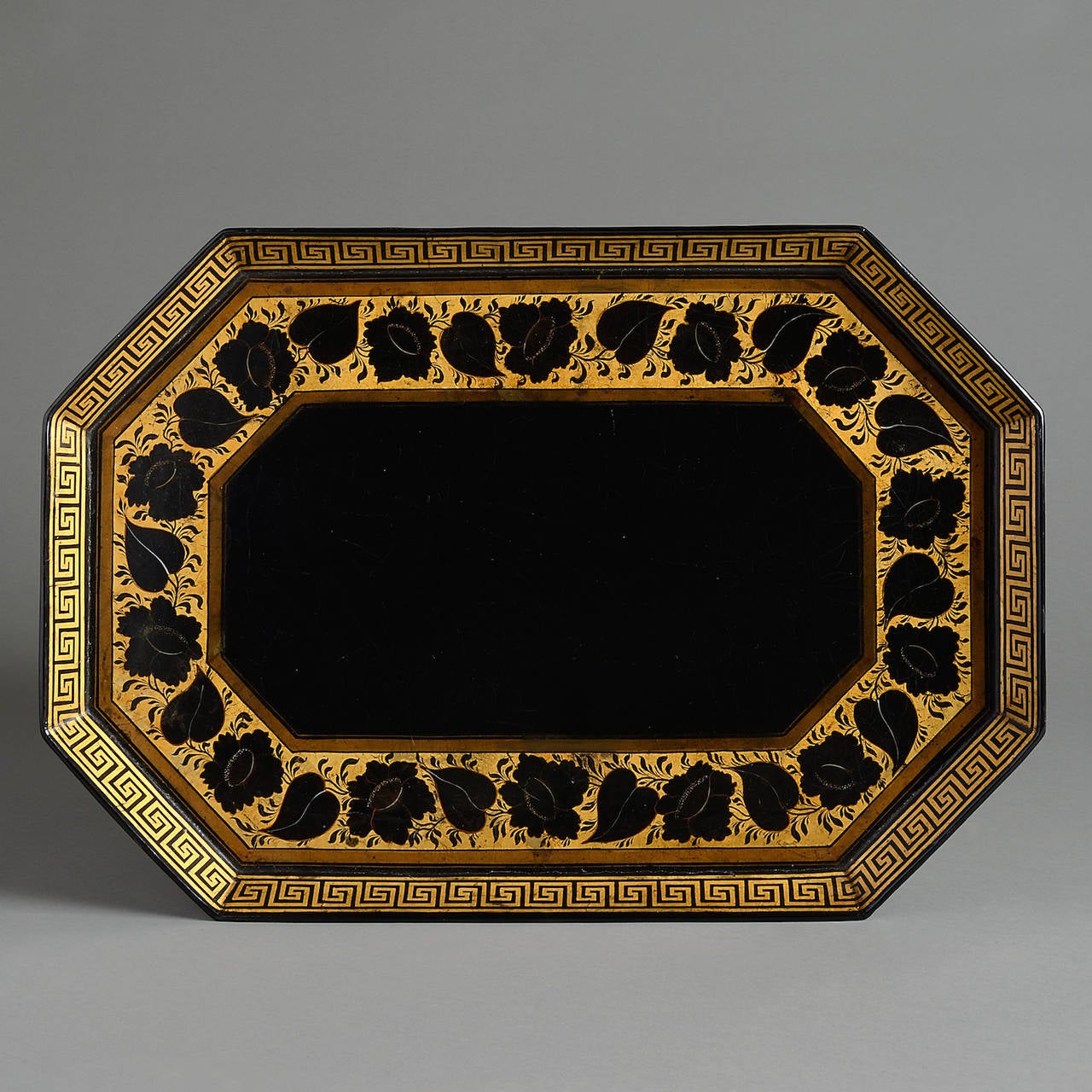 A fine Regency papier machè tray with gilt and ebonized decoration, circa 1815
Stamped 
