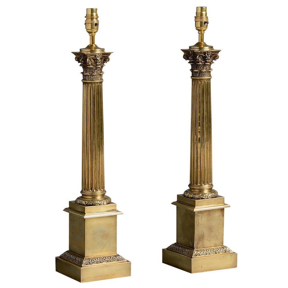 Pair of Victorian Brass Column Lamps