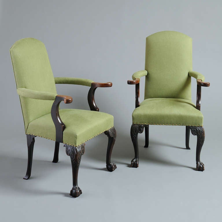 Unusual pair of Scottish George II mahogany library armchairs, circa 1750.