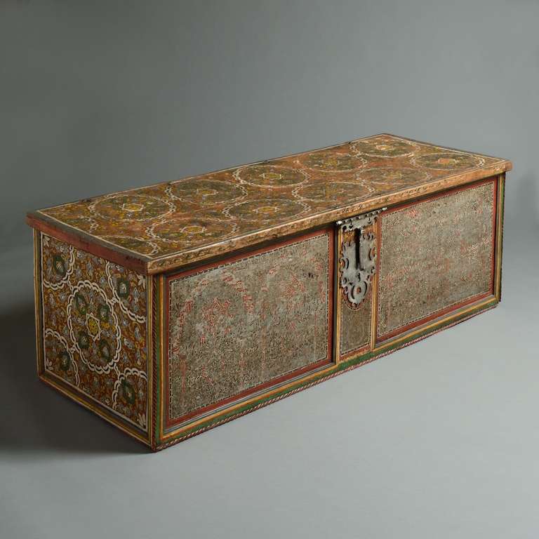 A fine Moroccan painted chest with pierced iron hasp and lock plate, tetouan, mid-19th century.