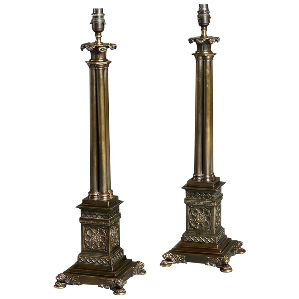 Pair of Regency Bronze Column Lamps