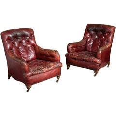 A Pair of Victorian Library Chairs, Original Leather Upholstery, circa 1875