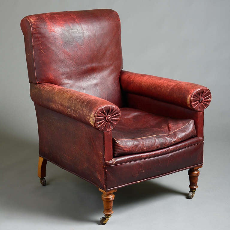 British Victorian Red Leather Chair and Stool