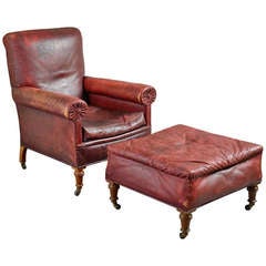 Victorian Red Leather Chair and Stool