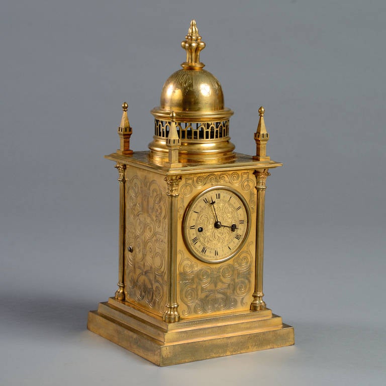 A fine early Victorian gilt-brass mantel clock by Harvey & Co in an Elizabethan Revival architectural style, circa 1840.
The back plate inscribed Harvey & Co, Regent Street, London.