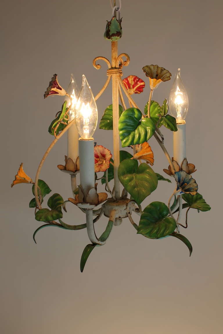 Unknown Vintage European Tole Chandelier With Floral Motif