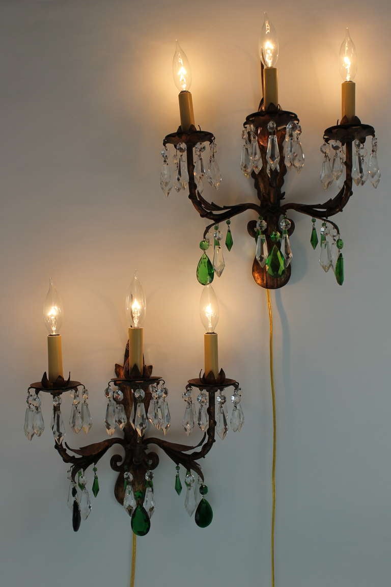 Pair of Gilt Italian Tole Sconces with Crystal Prisms For Sale 5
