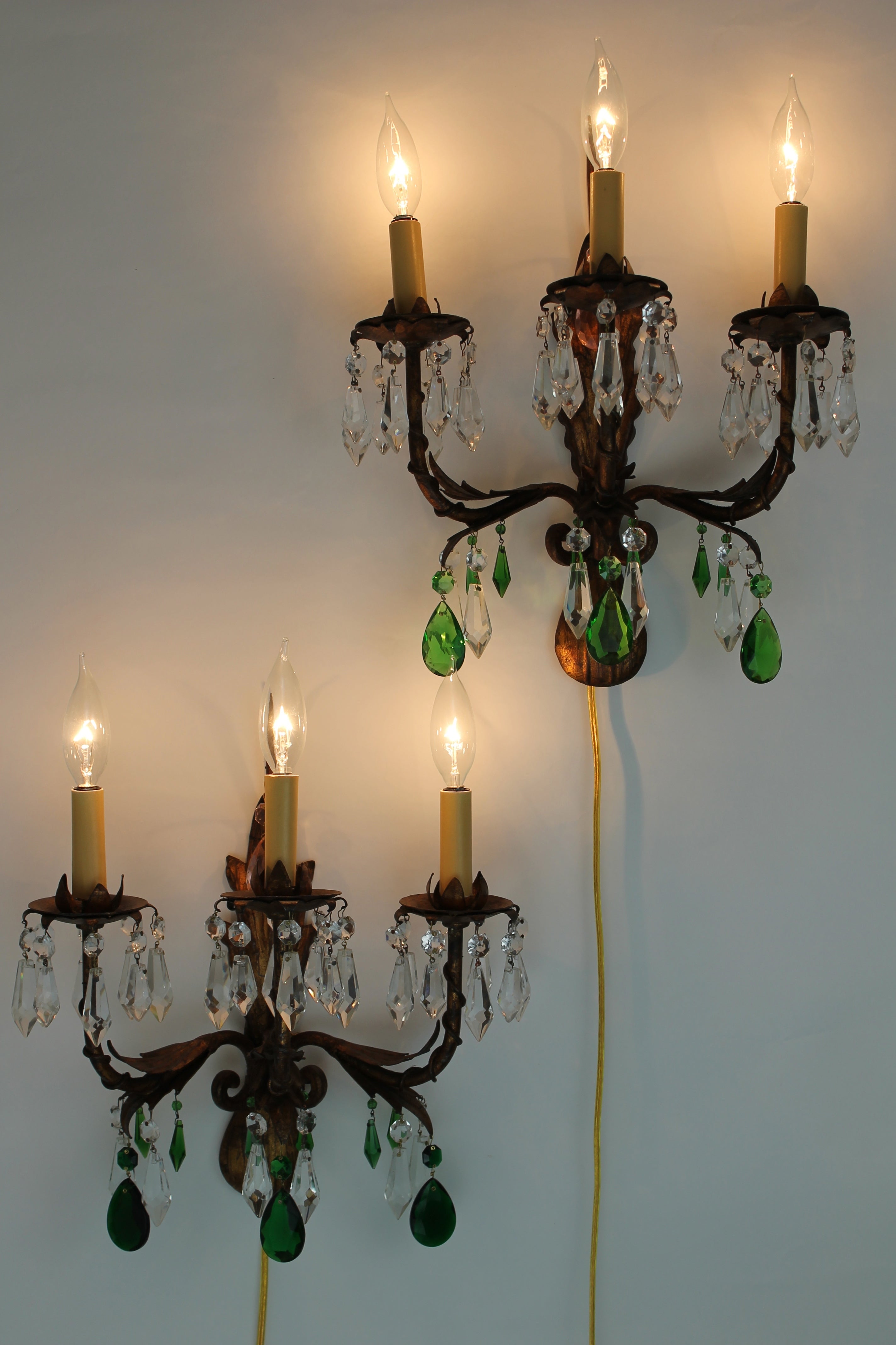 Pair of Gilt Italian Tole Sconces with Crystal Prisms For Sale