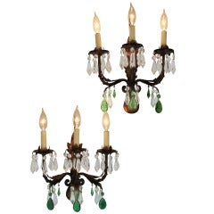 Pair of Gilt Italian Tole Sconces with Crystal Prisms