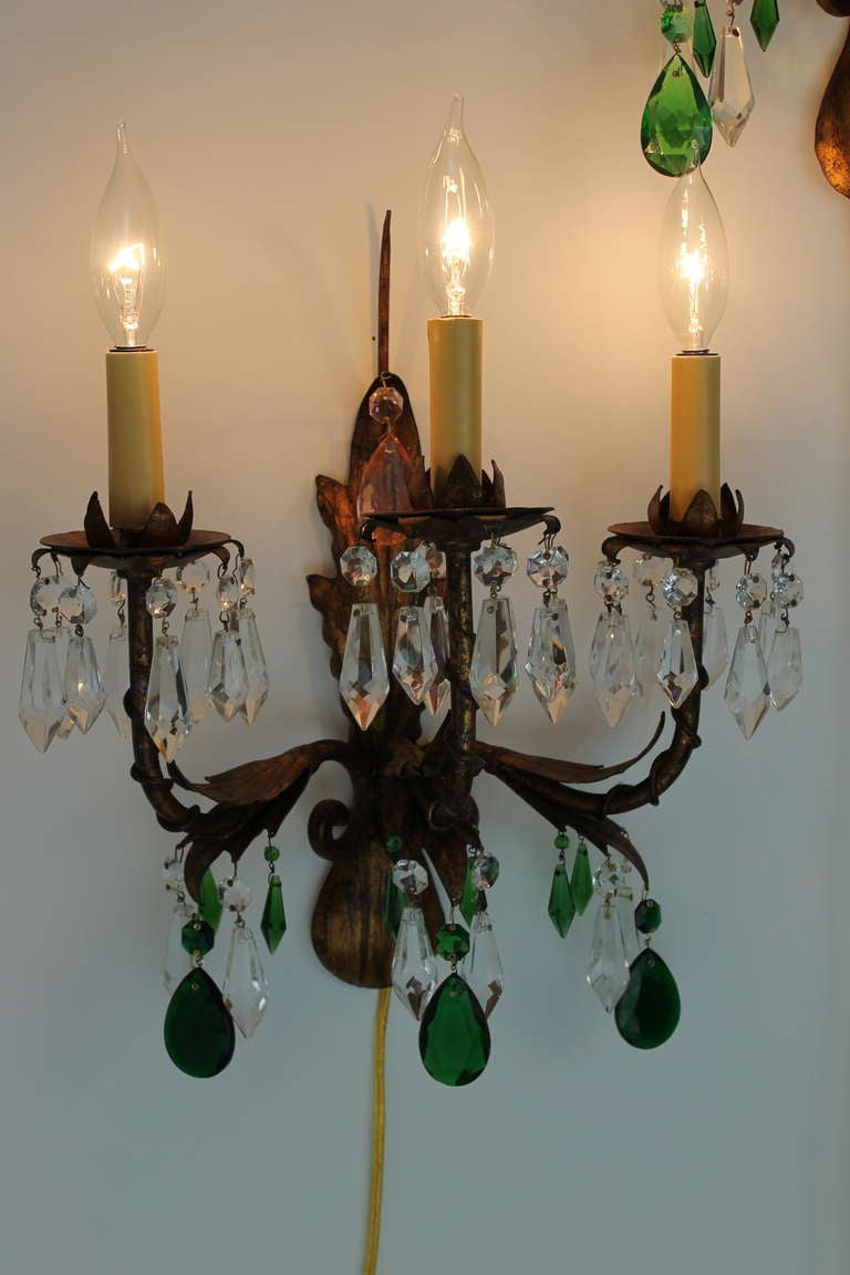 Unknown Pair of Gilt Italian Tole Sconces with Crystal Prisms For Sale