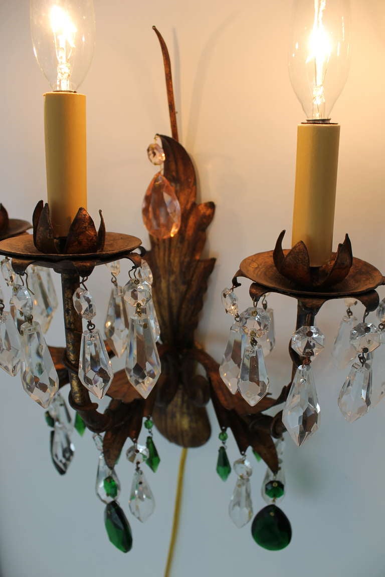 Pair of Gilt Italian Tole Sconces with Crystal Prisms In Good Condition For Sale In Milton, PA