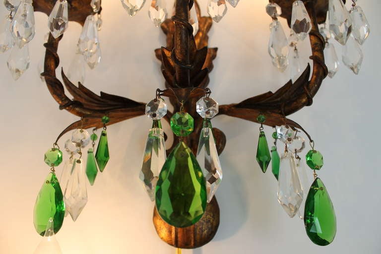 Mid-20th Century Pair of Gilt Italian Tole Sconces with Crystal Prisms For Sale