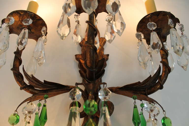 Pair of Gilt Italian Tole Sconces with Crystal Prisms For Sale 1