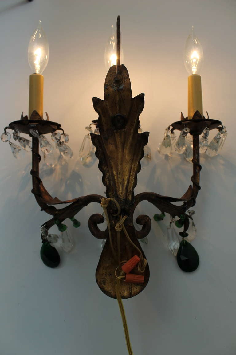 Pair of Gilt Italian Tole Sconces with Crystal Prisms For Sale 3