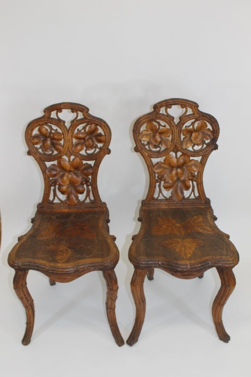 Pair of Carved German Black Forest Chestnut Hallway Chairs 6