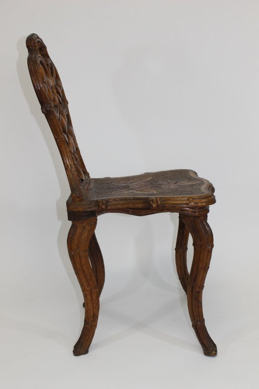 Pair of Carved German Black Forest Chestnut Hallway Chairs In Good Condition In Milton, PA