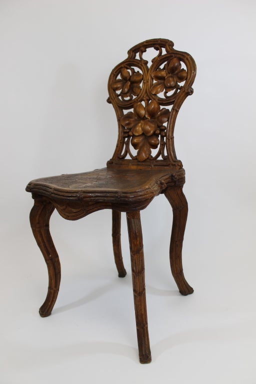 19th Century Pair of Carved German Black Forest Chestnut Hallway Chairs