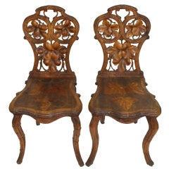 Pair of Carved German Black Forest Chestnut Hallway Chairs