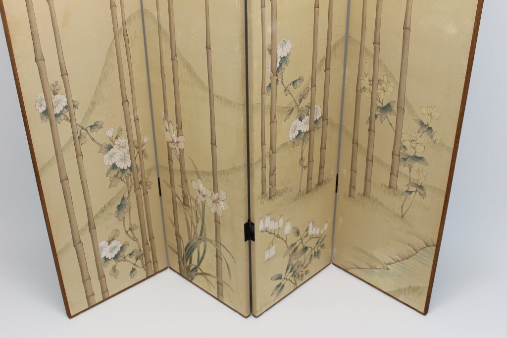 20th Century Japanese handpainted silk and wood screen