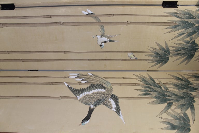 Paper Japanese handpainted silk and wood screen