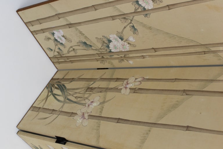 Japanese handpainted silk and wood screen 1