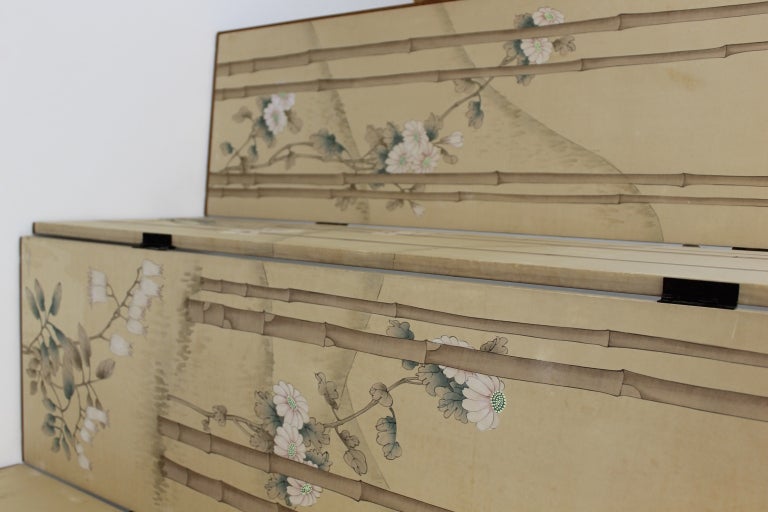 Japanese handpainted silk and wood screen 4