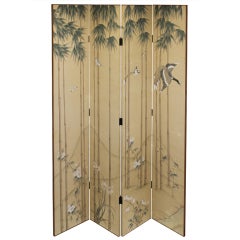Japanese handpainted silk and wood screen